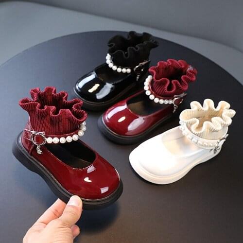 Baby Pearl Woolen Mouth Dance Shoes New Girls Fashion Princess Leather Shoes Round Toe Sweet Kids Flats Fashion Cute for Wedding