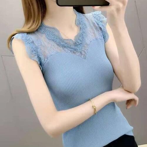 Elegant Female Lace Patchwork T Shirt Summer Sleeveless Solid Color Sexy T Shirt V Neck Fashion Tops