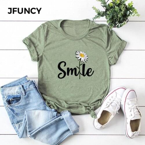 JFUNCY Plus Size Women Tops Cotton T-shirt Summer Short Sleeve Oversize Tshirt Flower Smile Print Casual Loose Female Tee Shirts