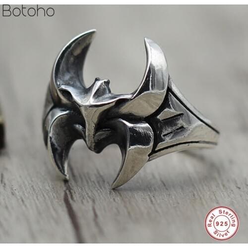 Solid Silver colour 925 Gothic Punk Bat Cuff Band Rings Men Real Sterling Silver colour Jewelry Cool Thai Silver colour Ring