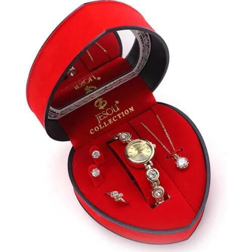 Women Bracelet Watch Set Gold Crystal Design Necklace Earrings ring Female Jewelry Set Quartz Watch For Ladys Wife Mom Gift Box