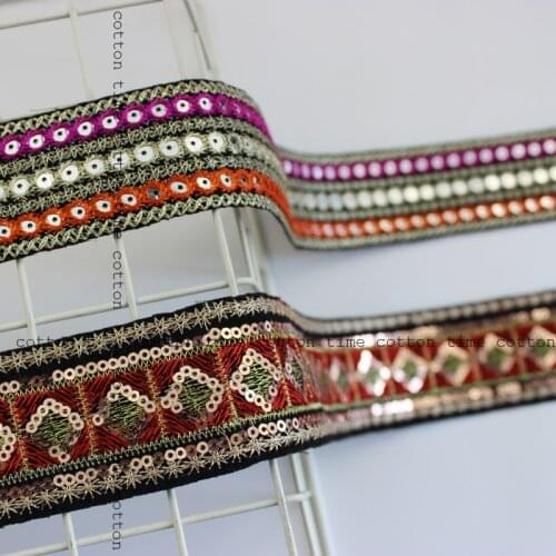 3Yards/Lot 4cm width Sequined Ribbon Ethnic Embroidered Lace Sew Accessories Embroidery Lace Trim Crocheted Lace Ribbon W