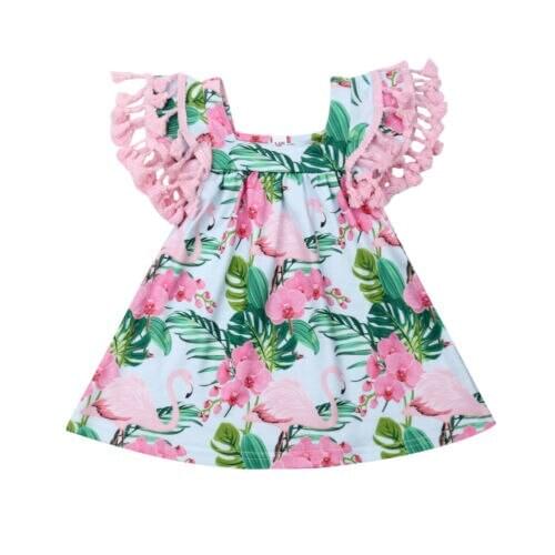 Sweet Infant Toddler Baby Girl Flamingo Tassel Dress Floral Beach Party Dresses Princess Party Wedding Holiday Beach Dress