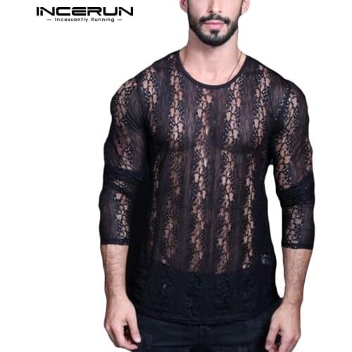 Men Mesh T Shirt See Through Sexy Lace Crew Neck Fitness Long Sleeve Tee Tops Streetwear Party Nightclub Camisetas INCERUN 5XL 7