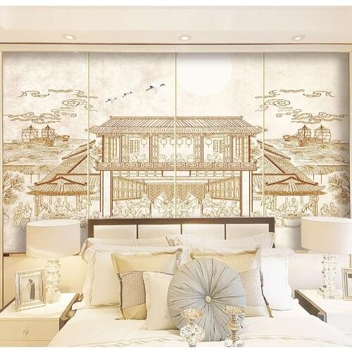 Seamless wallpaper New chinese style hand painted ancient building background wall painting