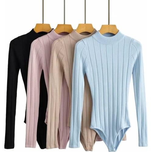Autumn Winter Women Knitted Solid Stand-up Colla Long Sleeve Black Blue Pink Khaki Bodycon Bodysuit Jumpsuit
