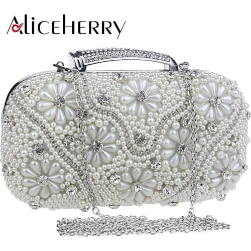 Luxury Beading Lady Day Clutches Rhinestones Handmade Women Evening Bags Pearl Flower Diamonds Wedding Purse Silver Bags