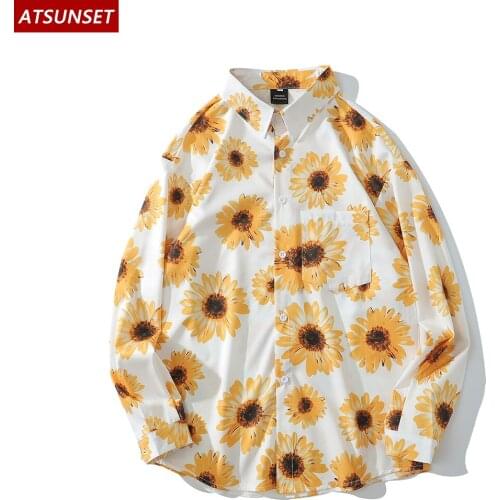 ATSUNSET Sunflower Print Country Style Shirt Hip Hop Streetwear Harajuku Long Sleeve Shirt Spring Summer Cotton Top