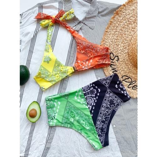 Sexy Halter Push Up Bikinis Women Twisted Triangle Brazilian Bikini Set Print High Waist Bathing Suit Padded Swimwear Biquini