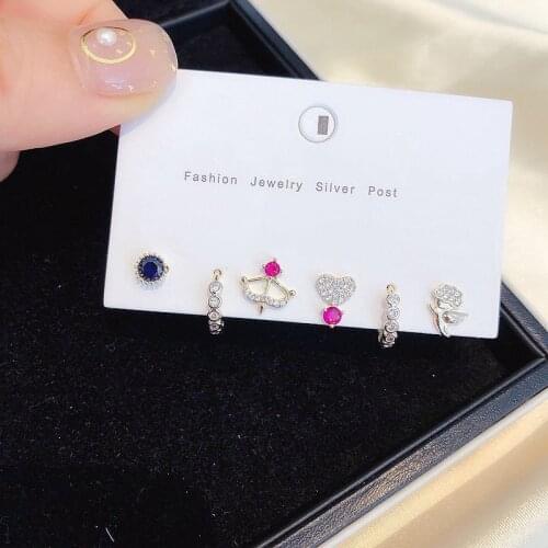 Fashion Lovely Cupids Arrow Flower Stud Earrings Set Fashion Colorful Cubic Zircon 6-piece Earrings Set S-E1203