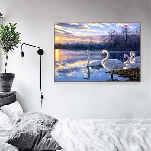 Sunrise Dawn Tree Lake Swan Morning Light Landscape Canvas Childrens Room Living Room Home Furnishing Retro Posters and Prints