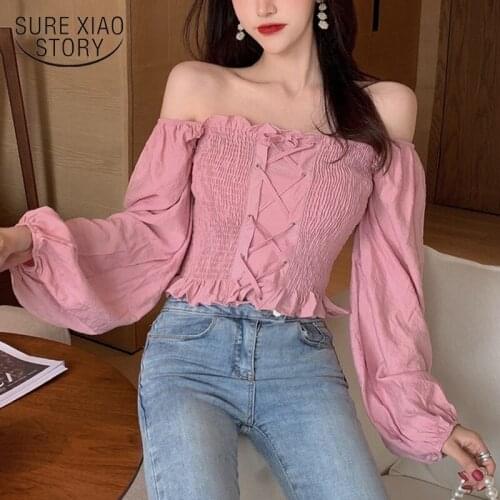 Crop Top For Female Girls Sweet Ruffles Slash Neck Full Lantern Sleeve Cropped Blouse Womens Solid Lace Up Ruffled Blouse 10160