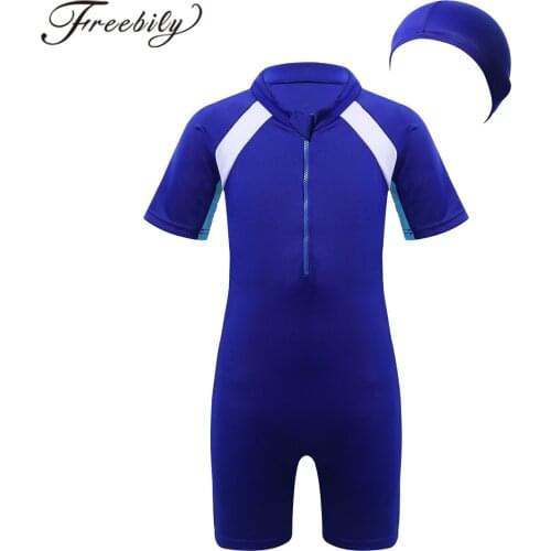 UPF 50+ Rash Guard Kids Swimwear Boys One-piece Short Sleeves Zippered Rashguard with Swimming Cap Girls Swimsuit Bathing Suit
