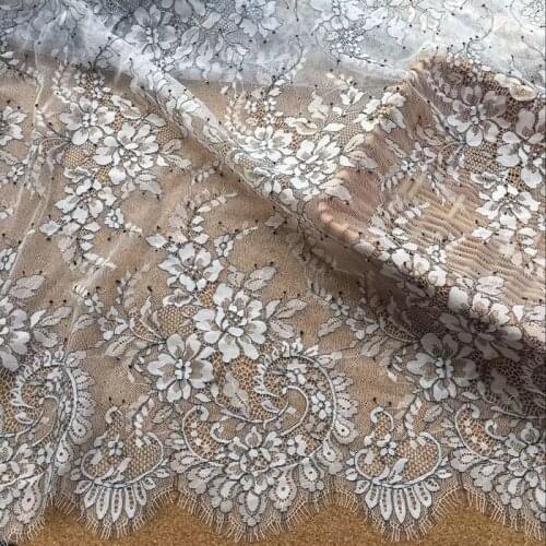 3 yards vintage chantilly lace fabric, french wedding lace fabric with eyelash scalloped border, bridal lace fabric