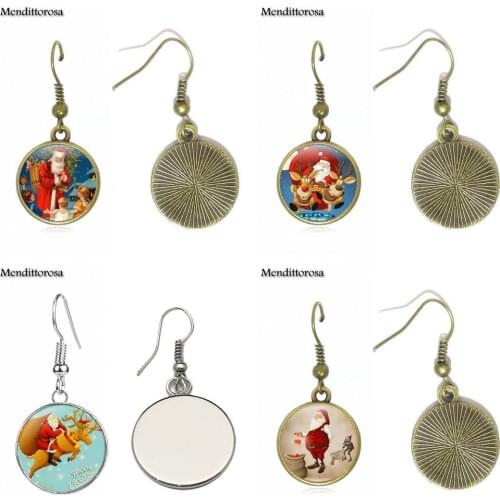 Mendittorosa Vintage Plated Jewelry Glass Cabochon Bronze/Silver/Golden Clip Ear Hook Drop Earrings For Unisex Christmas Elk