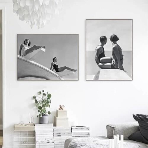 Black White Vintage Photography Poster Couple Prints Female Swimmers Swimsuit Modeling Pictures Canvas Painting Home Wall Decor