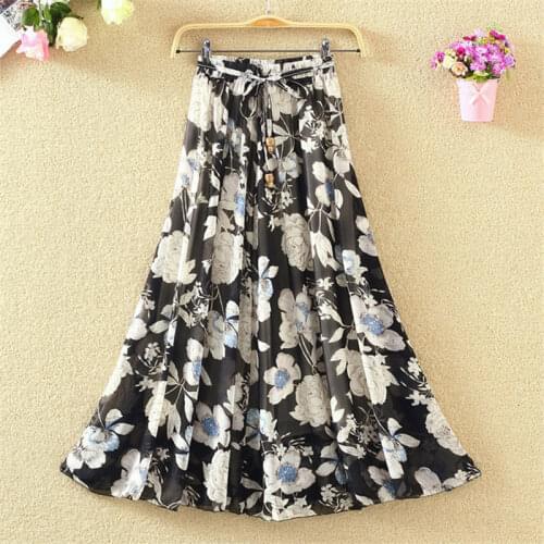 Womens Summer Skirts Hot Sales Korean Style Fashion Floral Print Chiffon High Waist Skirt Female Elegant A- line Boho Long Skirt