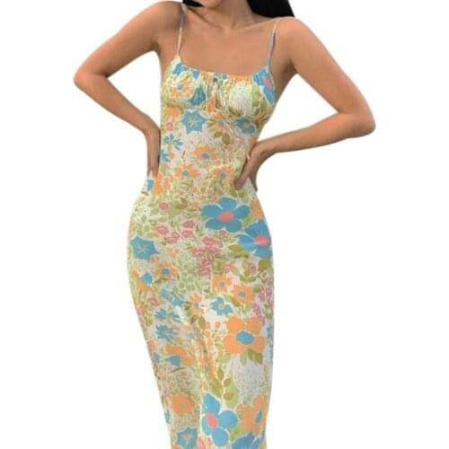 Women’s Casual Suspender Dress Fashion Floral Bandage Square Collar Backless Long Dress