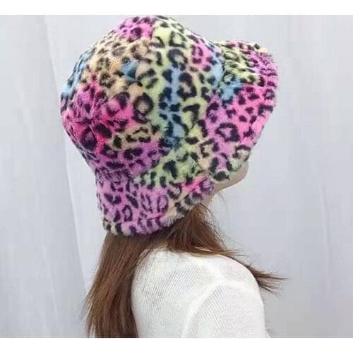 Winter Cow Leopard Print Faux Fur Plush Bucket Hats For Women Outdoor Warm Hat Soft Velvet Fisherman Cap Lady Fashion Hat