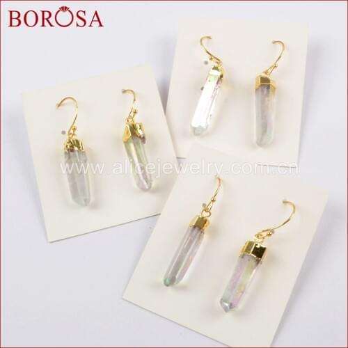 BOROSA 5/10Pairs Gold Color AB Color Titanium Crystal Point Drop Earrings Jewelry, Crystal Pillar Point Quartz Earrings G1606