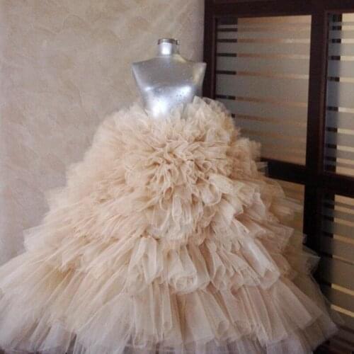 Champagne Ball Gown Long Tulle Skirt Pleated Dance Tutu Skirts Womens Petticoat Party Pleated Skirts Elastic Waist