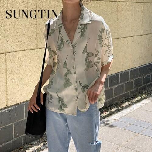 Sungtin Summer Chiffon Loose Print Blouse Shirts Women Vintage Fashion Thin Floral Shirts Soft Casual Korean Blouses Holiday New