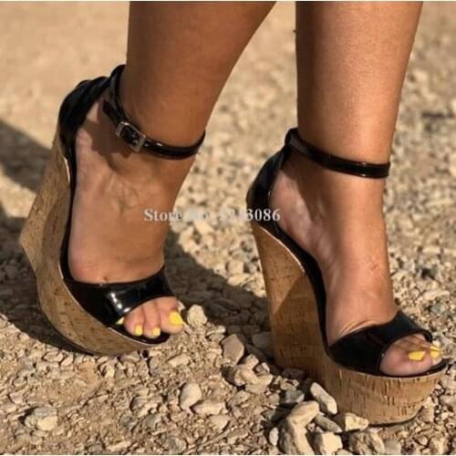 Sexy Women Wedge Sandals Shoes New Peep Toe Black Patent Leather Wooden Wedge Heel Platform Sandals Lady Real Photos Dress Shoes