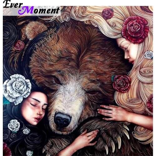 Ever Moment Diamond Painting Flower Girls and Bear DIY 5D Diamond Mosaic Full Square Crystals Portrait Animal Home Decor ASF974