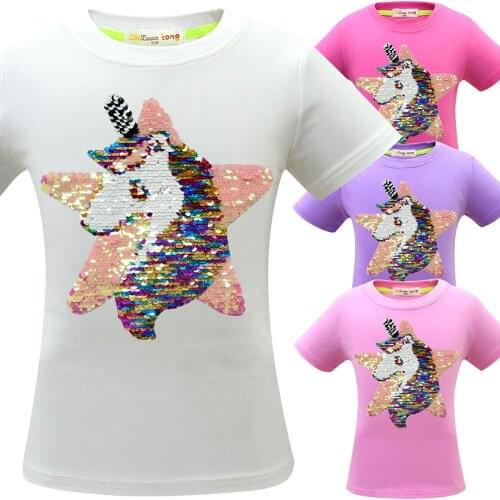 Unicorn T Shirt Baby Girl Summer Clothes Camiseta Unicornio Tshirt Girls Tops Femme Kid Tee Enfant Birthday Party Color Sequins