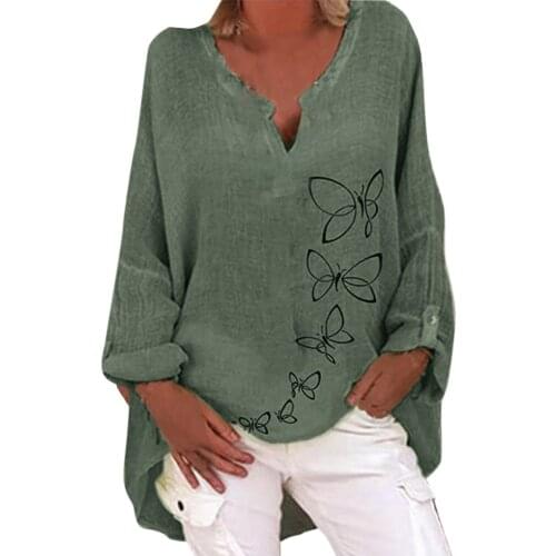 Long Sleeve Cotton Linen Tee Shirts Button Butterflies Print Loose Female Tunic Casual V Neck Plus Size Pullovers blusa mujer