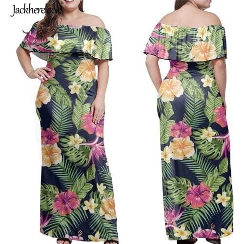 Jackherelook Tropical Hibiscus Floral Print Off Shoulder Maxi Dresses for Womens Summer Beach Bodycon Long Dresses Vestido Mujer