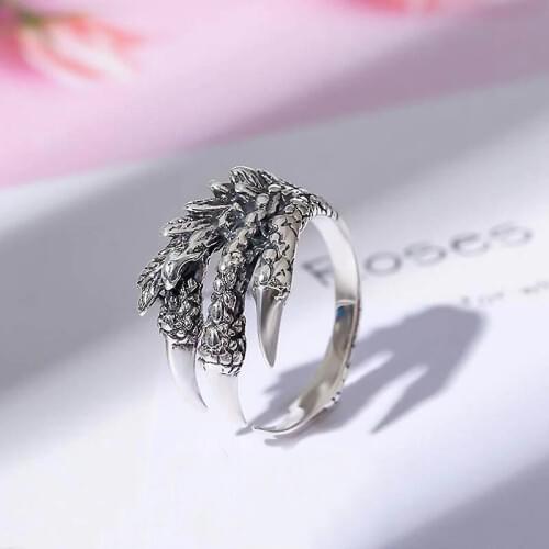 Ruifan Punk Style Dragon Claw Ring 925 Sterling Silver Rings Jewelry for Women Men Antique Open Ring Mens Accessories YRI077