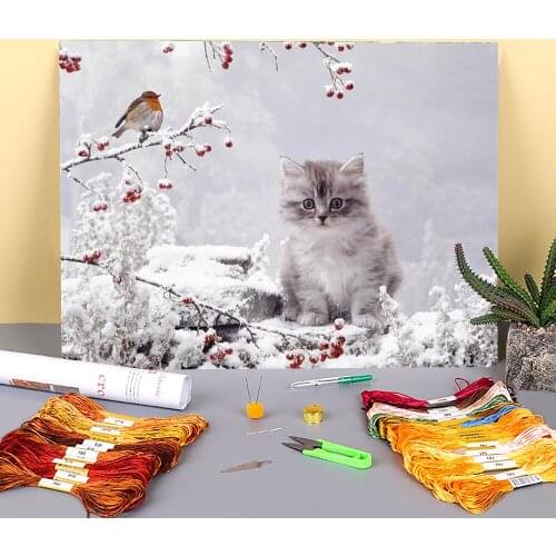 Cat Winter Animal Pre-Printed 11CT Cross Stitch DIY Embroidery Kit DMC Threads Handmade Hobby Sewing Handiwork Stamped Package