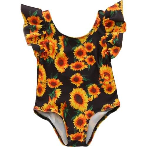 Girls Swimsuit Sunflower Print Flying Sleeve Bodysuit One-piece Suit for Swimming Beach Vacation