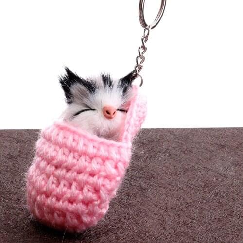 Cute Keychains Sleeping Cat Pompom Handmade Woven Shoes Faux Rabbit Fur Kitten Key Chains Fluffy Car Key Rings For Women S093