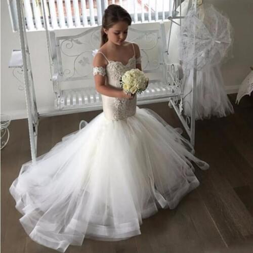Fashion Mermaid Flower Girls Dresses Spaghetti Lace Tulle Applique Ruffles Pageant Dress for Wedding Party