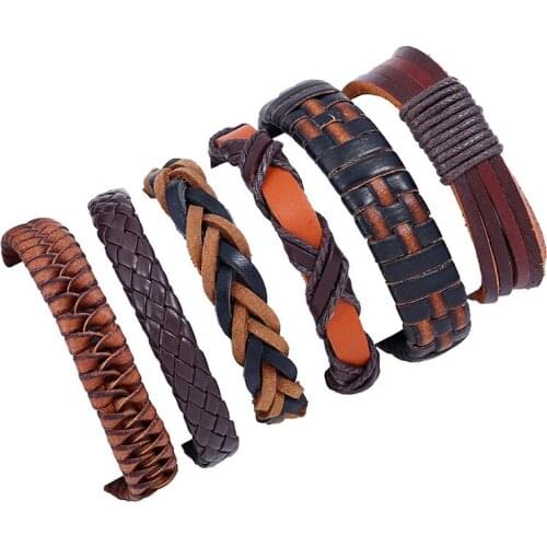 Trendy 6 Pcs/set Pure Handmade Punk Casual Genuine Leather Woven Wrap Bracelets Men Women Homme Femme Male Gift Jewelry
