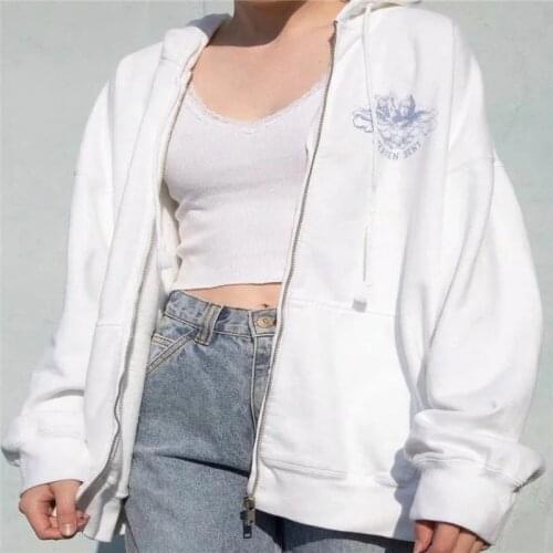 Y2K Fashion White Angel Printed Zipper sweatshirt women Oversized Harajuku Streetwear Womens Hoodie womens clothing 2021