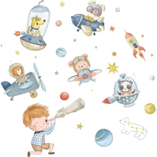 Cartoon Animal Space Flight Wall Stickers for Kids room Children zone Nursery Wall Decor PVC Decals Home Decortive Tile Sticker