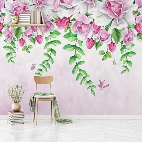 Custom 3D Wall Mural Classic Hand Painted Pink Flowers Birds Butterfly Photo Wallpaper Living Room TV Bedroom Home Decor Fresco