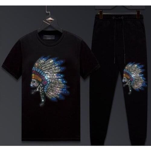 Clothing Mens Fashion Tracksuit Casual Sportsuit Men short Sleeve Sportswear Rhinestones Men Set