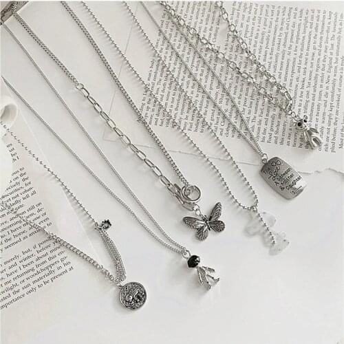 Red Blue Rhinestone Lock Key Pendant Necklaces for Women Fashion Silver Color Hollow Heart Geometric Sweater Chokers Necklace