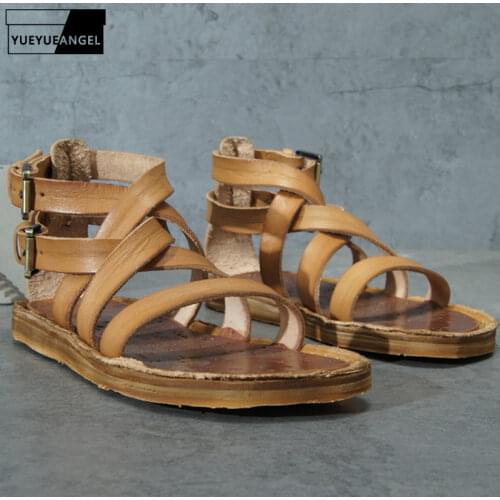 Retro Genuine Leather Gladiator Sandal Men Handmade Shoes Buckle Strap Breathable Lovers Sandals Casual Flat Beach Shoes Male