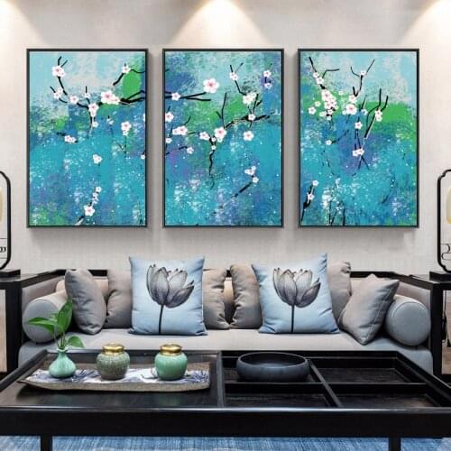 Nordic Abstract Magnolia Pink Floral Blue Background Poster print Wall Art Living Room Bedroom Canvas Painting Modern Home Decor
