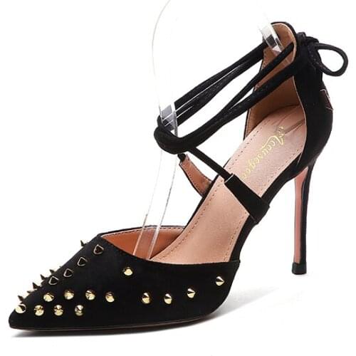 2020 summer New style black suede strappy studded spikes point toe high heels shoes pumps 10cm 8cm