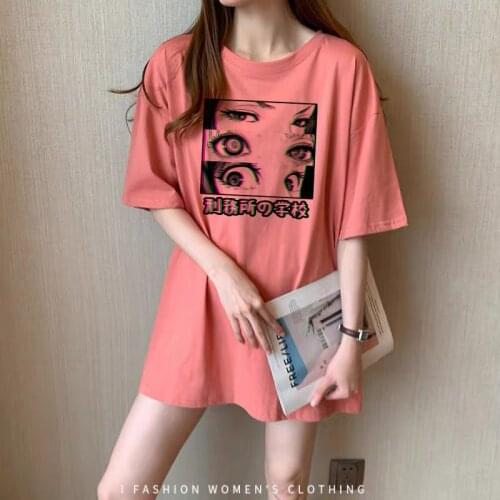 Gothic Print Women Harajuku T-shirt Summer Cotton Tshirt Grunge Tee Top Punk Pastel Goth Clothing Anime Clothes