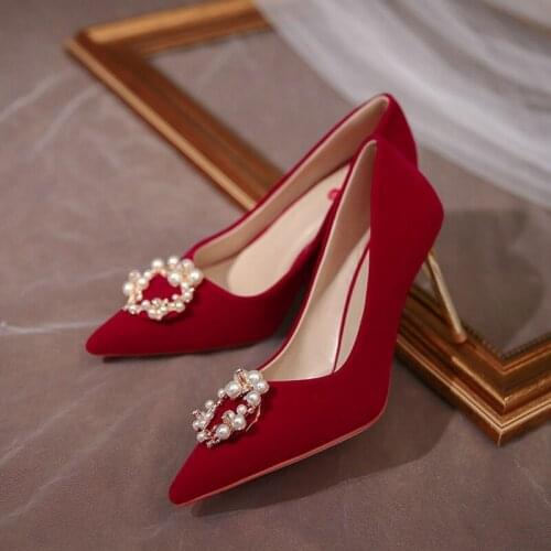 Xiuhe Clothing Wedding Shoes 2021 New Wine Red Pearl High Heels Wedding Shoes Bridal Wedding Red Shoes Ladies Single Shoes