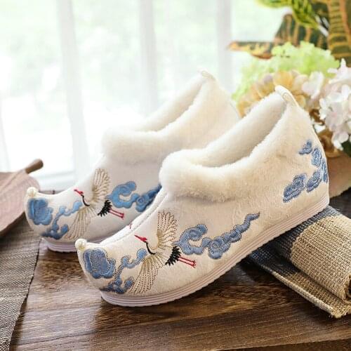 Womens Embroidery Floral Ankle Boots Hanfu Fur Liner Warm Snow Winter Hidden Heel Shoes Chinese Styles 6Colors Princess New 2020