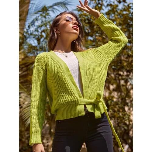 Woman Autumn Sweaters Green Color Bandage Knitted Cardigan Outwear Long Sleeve Lace Up Casual Clothes Ladies Fashion