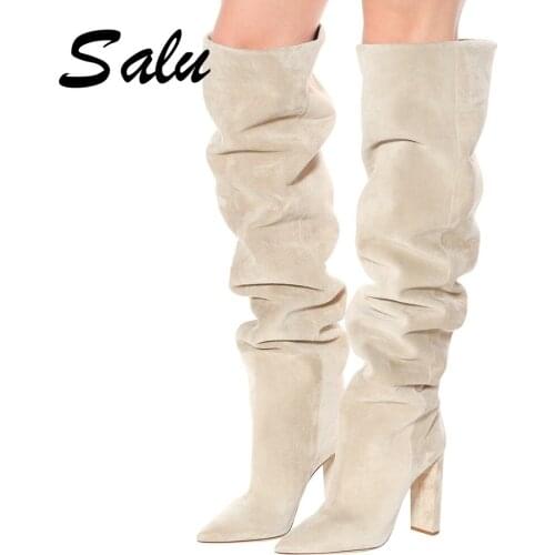 2020 Women Faux Suede Over The Knee High Slouchy Boots Pointy Toe Chunky Heel Slouch Long Boots Ladies Winter Heeled Shoes